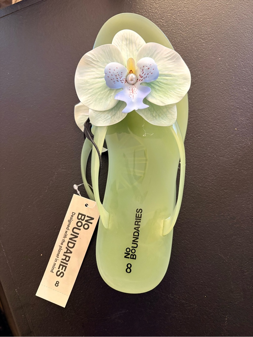 No Boundaries Women's Light Green Floral Jelly Sandal with Orchid Accent